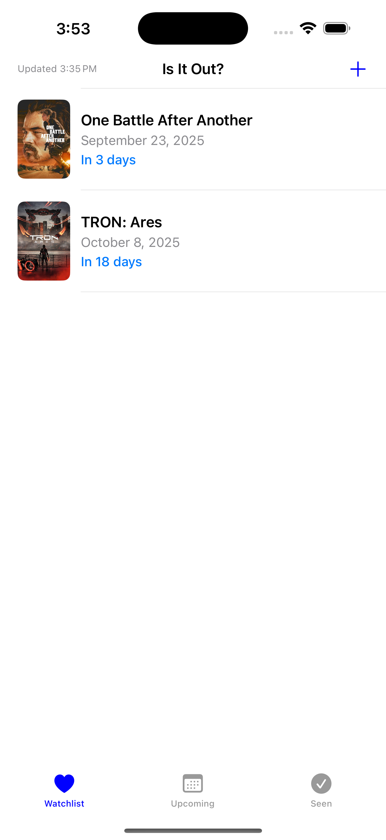 Movie watchlist with countdown timers